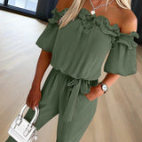 Women's Solid Color Elegant Off-Shoulder Jumpsuit With Ruffle Sleeves & Tie-Waist Summer Casual Romper