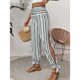 Women's Fashion Striped Long Pants Side-Slit Design Trendy Casual Trousers