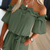 Women's Solid Color Elegant Off-Shoulder Jumpsuit With Ruffle Sleeves & Tie-Waist Summer Casual Romper