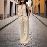Women's Solid Color V-Neck Vest Two-Piece Set Button Front Vest Top With Pocket Pants For Spring & Summer Casual Outfit