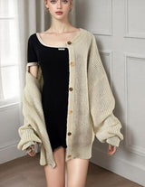 Women's Knitted Cardigan Sweater, Contrast Buttons, Chunky Knit, Gold Cuffs, Loose Long Sleeves, Spring Autumn Style
