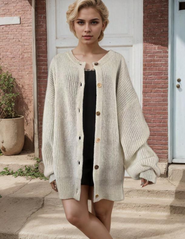 Women's Knitted Cardigan Sweater, Contrast Buttons, Chunky Knit, Gold Cuffs, Loose Long Sleeves, Spring Autumn Style