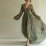 Women's Elegant V-Neck Green Floral Print A-Line Maxi Semi-Sheer Long Sleeve Spring&Summer Dress