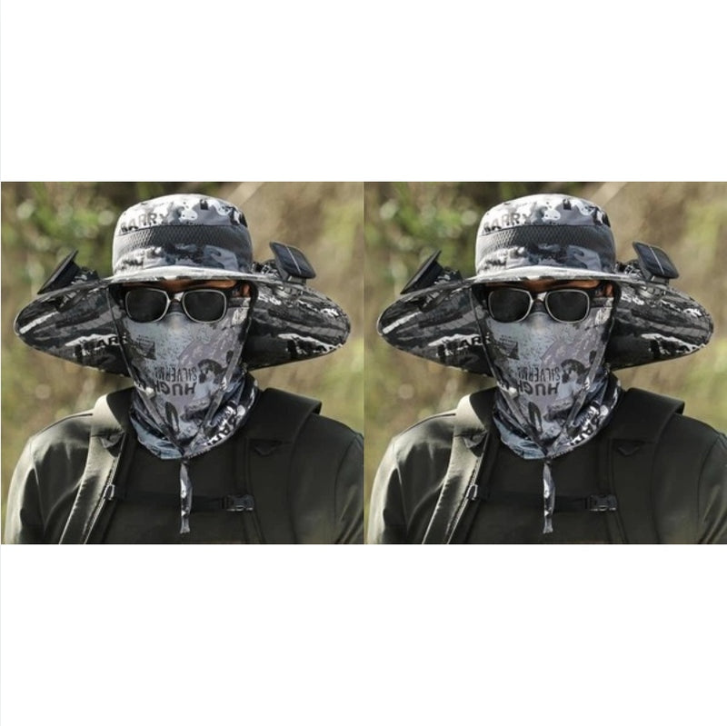 2025 - 2 piezas de gorro de pesca solar para exteriores con ventilador - Gorro de protección solar con ventilador y ventilador solar de doble potencia para exteriores 