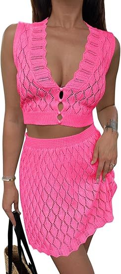 Saodimallsu Womens Two Piece Crochet Swimsuit Cover Ups Sleeveless V Neck Crop Tops Skirt Sets Beach Vacation Outfits