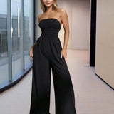 Women's Solid Color Strapless Jumpsuit Wide-Leg Palazzo Pants With Pleats Summer Fashion Outfit