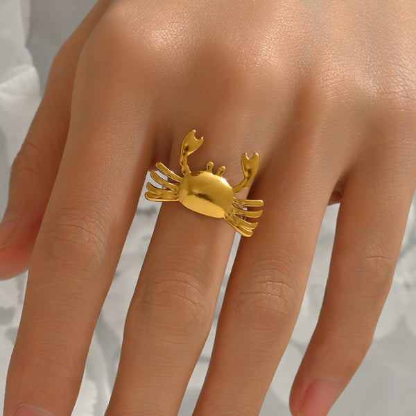 Lxalry 18K Gold Plated Stainless Steel Crab Ring For Women - Minimalist Beach Summer Jewelry, Waterproof, Hypoallergenic, Tarnish-Free, Adjustable Fun Statement Ring, Ocean-Inspired Gift Trending On T