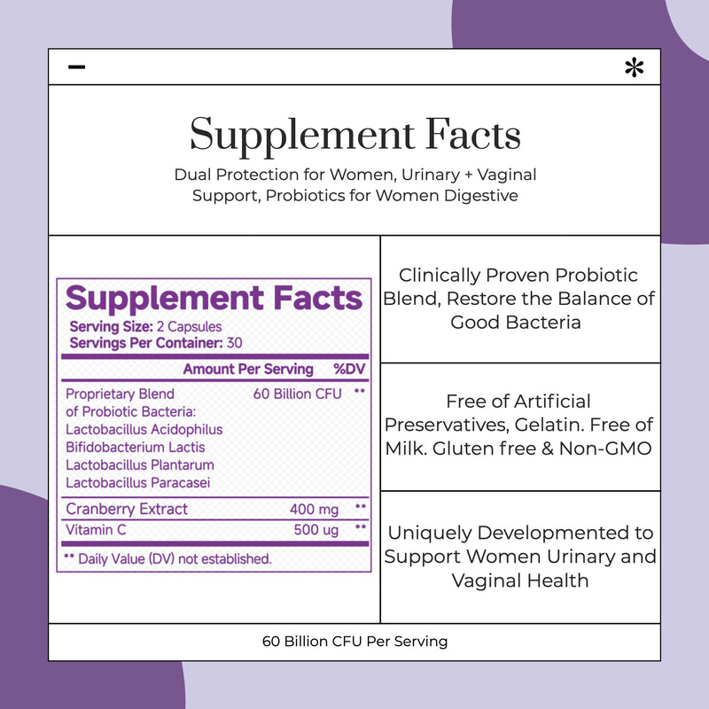 Probióticos vaginales para mujeres, pastillas para equilibrar el pH, prebióticos para la salud intestinal femenina, cápsulas de 60 mil millones de UFC, apoyo para el tracto urinario digestivo.