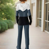 Women's Contracted Design Color-Block Hooded Sweatsuit Set - Long Sleeve Zip-Up Hoodie With Wide-Leg Lounge Pants