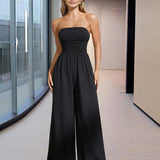 Women's Solid Color Strapless Jumpsuit Wide-Leg Palazzo Pants With Pleats Summer Fashion Outfit