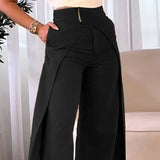 Women's Solid Color High-Waisted Wide-Leg Pants With Crossover Design Pockets Casual Spring & Fall Trousers
