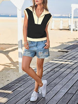 Fisoew Womens Half Zip Sweatshirts Short Sleeve Color Block Lapel V Neck Loose Summer Pullover Tops