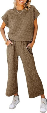 Fazortev Women's 2 Piece Outfits Quilted Lightweight Short Sleeve Tops And Cropped Pants Lounge Set