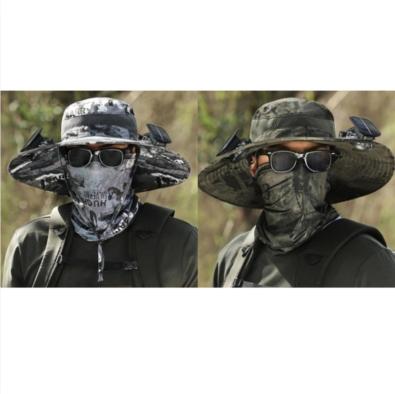 2025 - 2 piezas de gorro de pesca solar para exteriores con ventilador - Gorro de protección solar con ventilador y ventilador solar de doble potencia para exteriores 