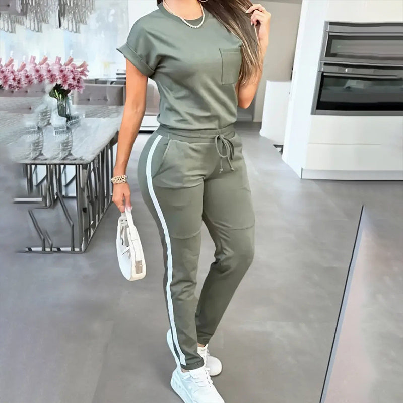 Women's Solid Color Short Sleeve Two-Piece Set - Round Neck, Stripe Trim, Tie Waist Belt, Pockets Spring&Summer Casual Outfit