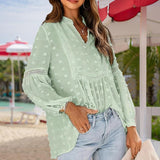 Women's V-Neck Long Sleeve Blouse - Lace Cutout & Jacquard Detail Loose Top Spring Summer Casual Shirt