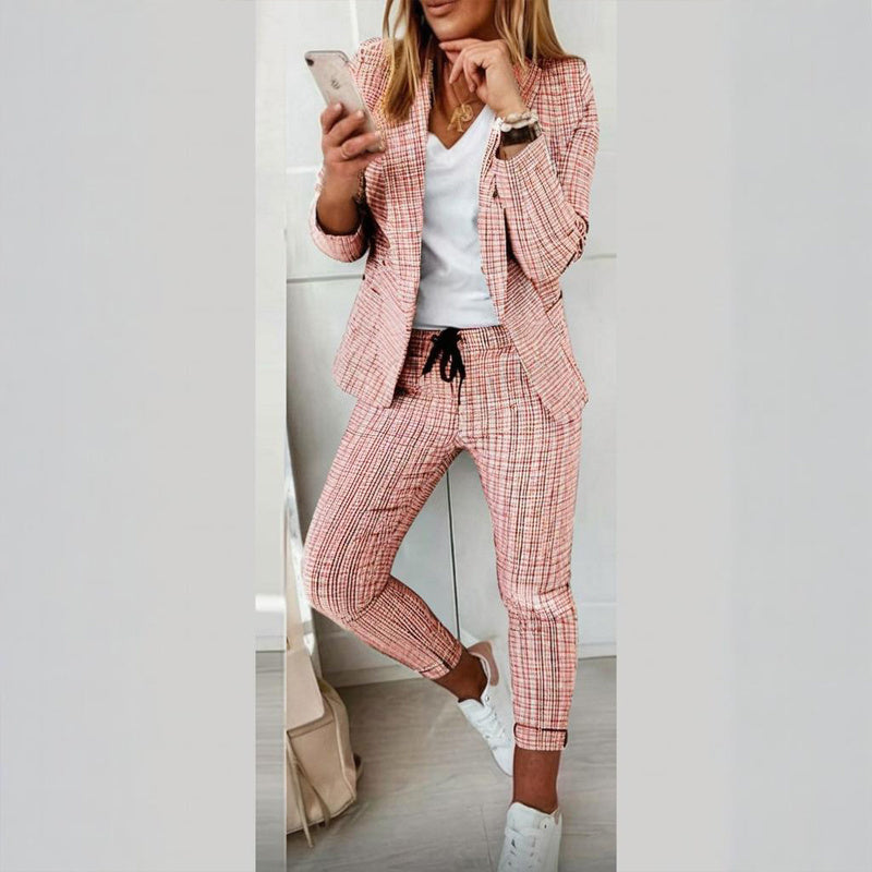 Women's Solid Color Plaid Long Sleeve Suit Two-piece Set With Pockets & Drawstring Waist Office Wear For Spring&Fall