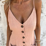 Women's Solid V-Neck Jumpsuit Shorts - Button Front Sleeveless Romper With Drawstring Waist & Pockets Summer Casual Outfit