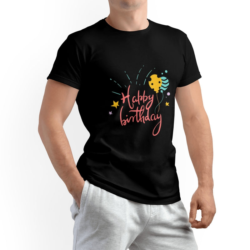 Happy Birthday Men's Pure Cotton Round Neck T-shirt - Slightly Elastic, Suitable For All Seasons Knitted Fabric, Classic Fit Adult Shirt, Birthday Gift