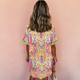 Women's Loose Fit Geometric Print Short Sleeve Dress - Casual Summer Button Front Dress, Comfortable & Stylish