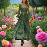 Women's Square Neck Long Sleeve Dress - Green Bohemian Maxi Dress Back Vent With Ruffle Hem & Sleeve