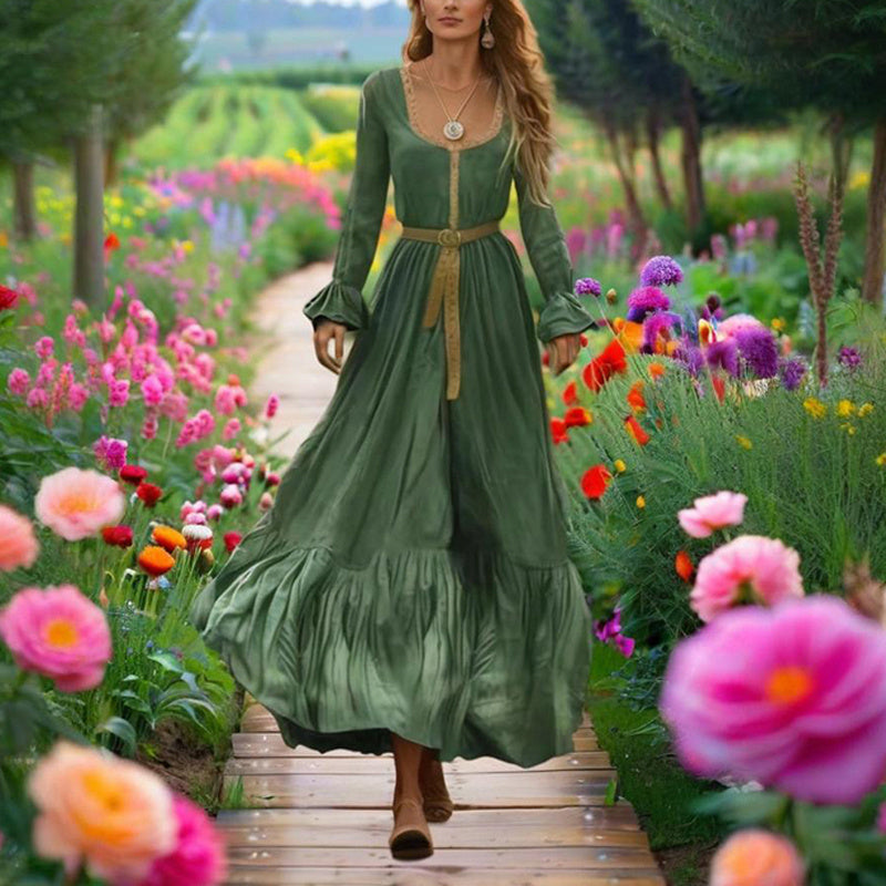 Women's Square Neck Long Sleeve Dress - Green Bohemian Maxi Dress Back Vent With Ruffle Hem & Sleeve