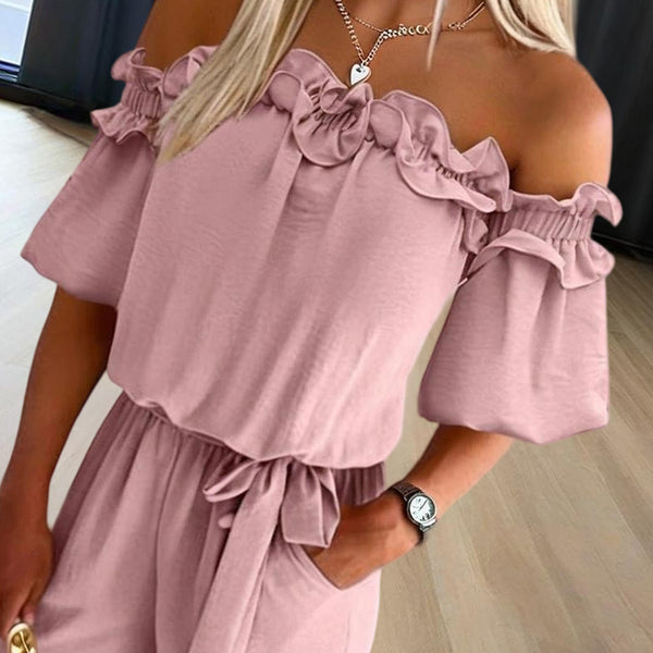 Women's Solid Color Elegant Off-Shoulder Jumpsuit With Ruffle Sleeves & Tie-Waist Summer Casual Romper
