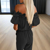 Women's Solid Color Elegant Off-Shoulder Jumpsuit With Ruffle Sleeves & Tie-Waist Summer Casual Romper