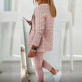Women's Solid Color Plaid Long Sleeve Suit Two-piece Set With Pockets & Drawstring Waist Office Wear For Spring&Fall