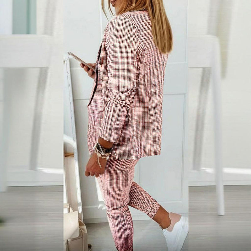 Women's Solid Color Plaid Long Sleeve Suit Two-piece Set With Pockets & Drawstring Waist Office Wear For Spring&Fall