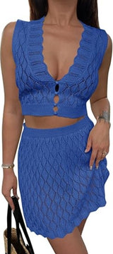 Saodimallsu Womens Two Piece Crochet Swimsuit Cover Ups Sleeveless V Neck Crop Tops Skirt Sets Beach Vacation Outfits