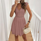 Women's V-Neck Solid Color Short Sleeve Dress With Lace Trim - Summer Sexy Vacation Dress