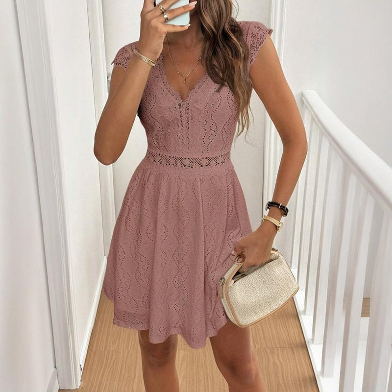 Women's V-Neck Solid Color Short Sleeve Dress With Lace Trim - Summer Sexy Vacation Dress