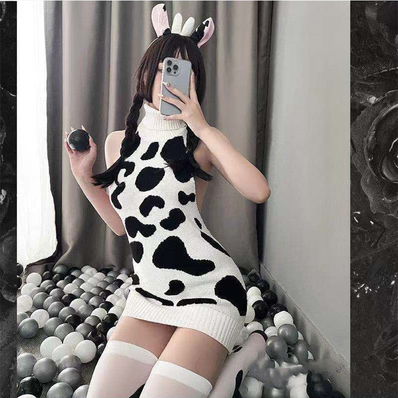 Women's Fashion Mid Length Turtleneck Cow Print Skirt