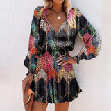 Women's Bohemian Print V-Neck Long Sleeve Dress - Flowy Beach Dress With Elastic Waist