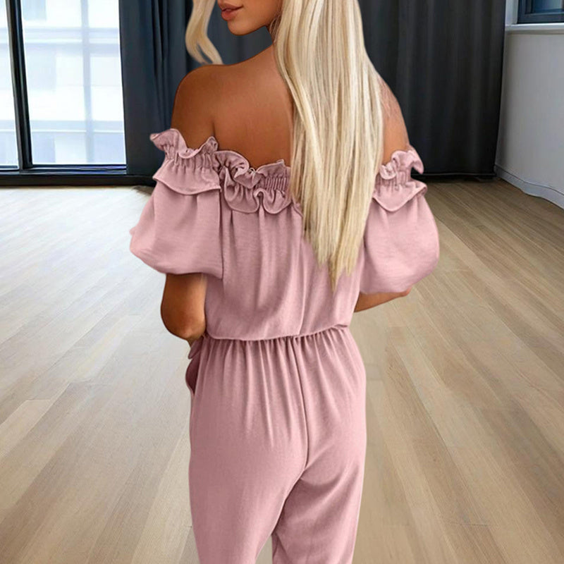 Women's Solid Color Elegant Off-Shoulder Jumpsuit With Ruffle Sleeves & Tie-Waist Summer Casual Romper