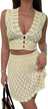 Saodimallsu Womens Two Piece Crochet Swimsuit Cover Ups Sleeveless V Neck Crop Tops Skirt Sets Beach Vacation Outfits