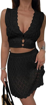 Saodimallsu Womens Two Piece Crochet Swimsuit Cover Ups Sleeveless V Neck Crop Tops Skirt Sets Beach Vacation Outfits