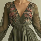 Women's Elegant V-Neck Green Floral Print A-Line Maxi Semi-Sheer Long Sleeve Spring&Summer Dress