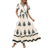 Womens Summer Casual V Neck Boho Maxi Dress Flowy Aline Bell Sleeve Tiered Floral Dresses With Pocket