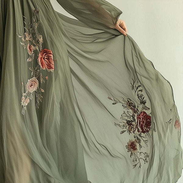 Women's Elegant V-Neck Green Floral Print A-Line Maxi Semi-Sheer Long Sleeve Spring&Summer Dress
