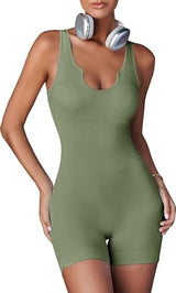 Fisoew Womens One Piece Jumpsuits Racer Back Ribbed U Neck Padded Unitard Backless Tummy Control Bodycon Yoga Romper