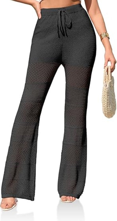 Saodimallsu Womens Beach Cover Up Pants Boho Crochet Knit High Waist Drawstring Sheer Hollow Swim Pant Swimwear